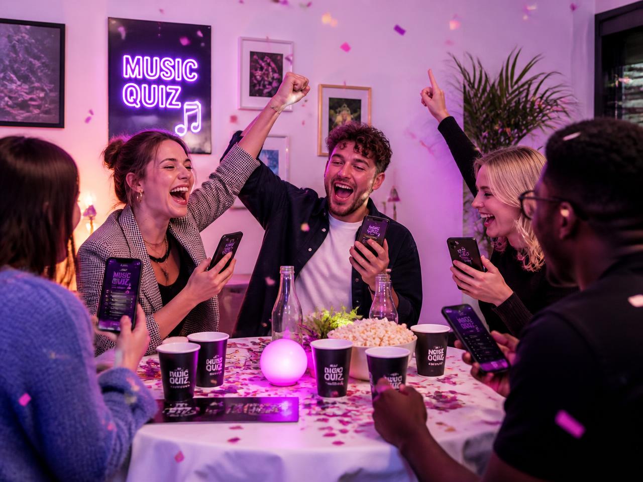 Vrienden juichen samen tijdens de Hit Me Now-muziekquiz